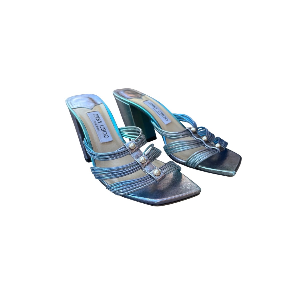 Jimmy Choo Exclusive Kayla 85 Iridescent Metallic Pearl Block Mule Blue Purple 9